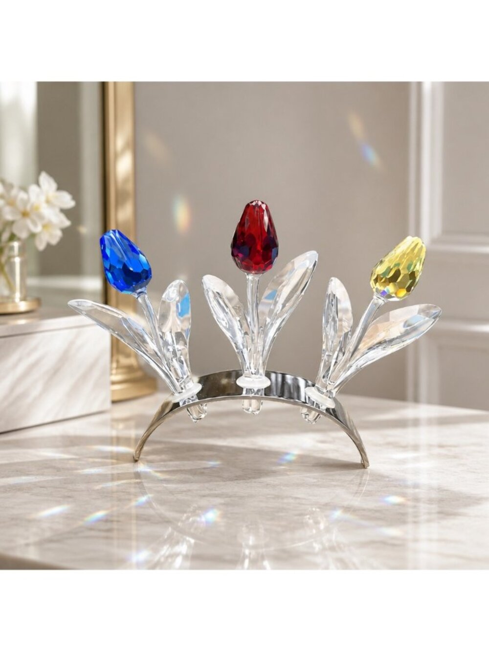 Swarovski Crystal Tulip Flower Sculpture With Red Blue & Yellow Blooms